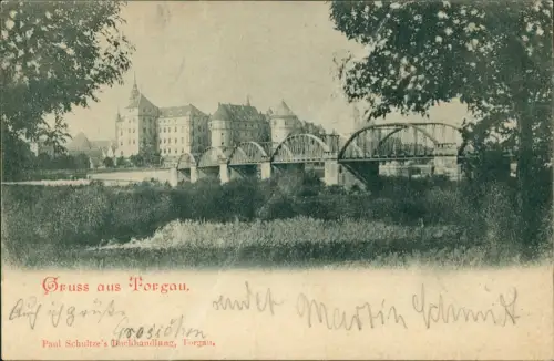 Ansichtskarte Torgau Stadt Schloß Brücke 1899  Bahnpoststempel Halle Posen