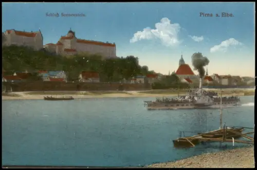 Ansichtskarte Pirna Schloß Sonnenstein Dampfer Fähranleger 1915