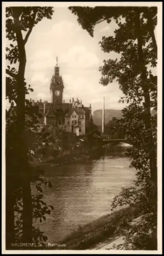 Ansichtskarte Waldheim (Sachsen) Flusspartie Stadt Rathaus 1927