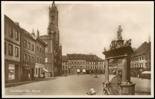 Ansichtskarte Kamenz Kamjenc Marktplatz Geschäfte 1927