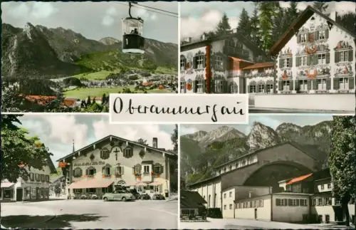 Oberammergau Mehrbild-AK mit Bergbahn, Hotel Alte Post, Hänsl u. Gretl-Heim 1958