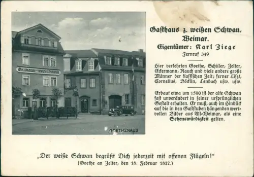 Ansichtskarte Weimar Gasthaus zum weißen Schwan Werbekarte Pschorr Bräu 1932