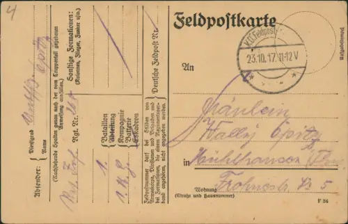 Feldpostkarten 1. WK Stempel K.D. Feldpost 23.10 1917 dt. Feldpost Mühlhausen