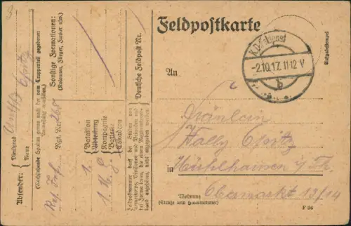 Feldpostkarten 1. WK K.D. Feldpoststempel 2.10. 1917  gelauf. nach Mühlhausen