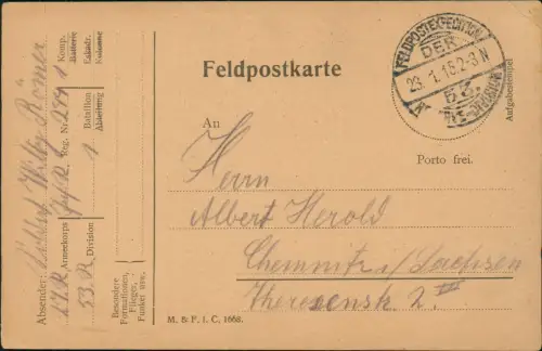 Feldpostkarten 1. WK Feldpostexpidition Stempel 1915  dt. Feldpost  Chemnitz