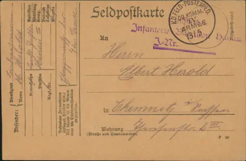 Feldpostkarten 1. WK K.D. Feldpost Exped Oberkommando IV Armee 1915  mit div.