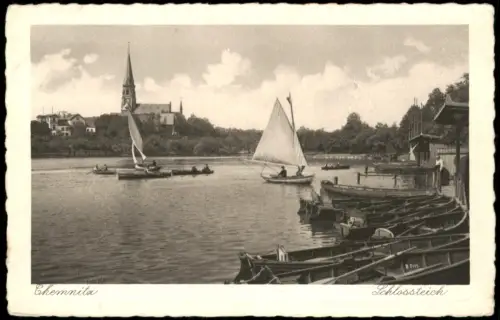 Ansichtskarte Chemnitz Schloßteich Partie, Segelboote Bootsanleger 1930
