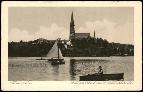 Ansichtskarte Chemnitz Schloßteich mit Stadt-Teilansicht, Kirche 1920