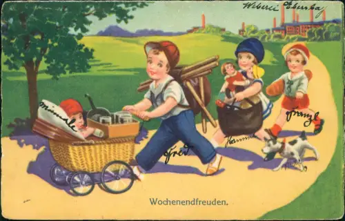Ansichtskarte  Künstlerkarte Wochenendfreuden Kinder als Eltern 1932