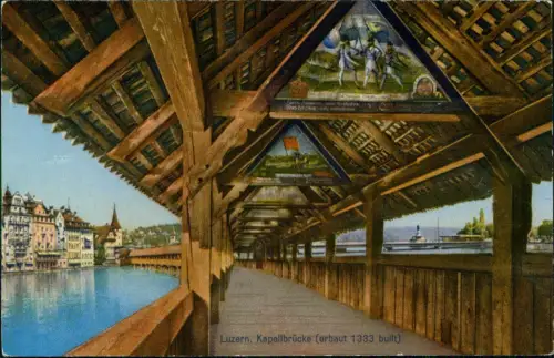 Ansichtskarte Luzern Lucerna Kapellbrücke mit Bemalung, Stadt 1912