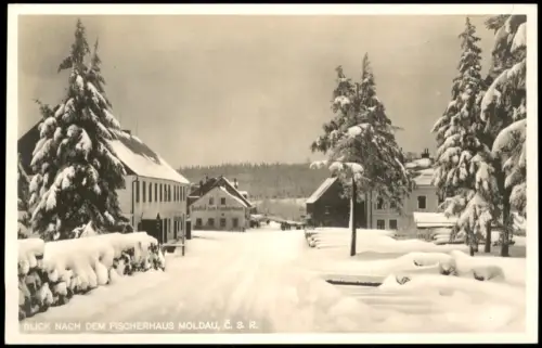 Postcard Moldau Moldava Gasthof zum Fischerhaus im Winter 1928