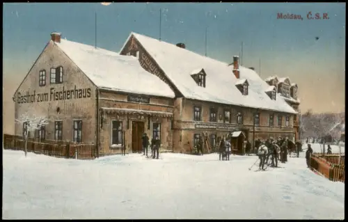 Postcard Moldau Moldava Fischerhaus Skifahrer im Winter 1915