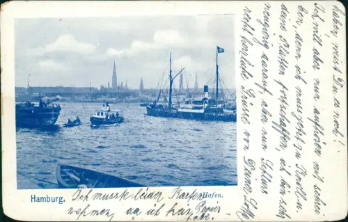 Ansichtskarte Hamburg Hafen Dampfer Schleppschiff Blaudruck 1908