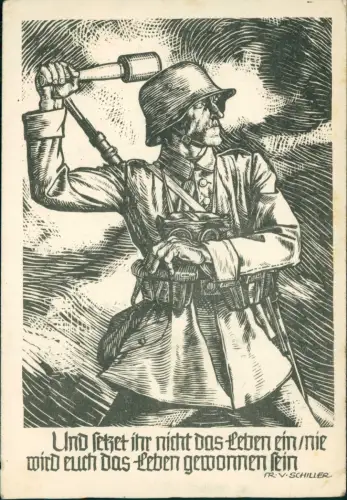 Militär Propaganda - 2.WK Linolschnitt Soldat mit Handgranate 1941