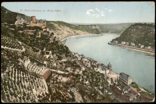 Ansichtskarte St. Goarshausen Panorama Rhein mit Burg Katz 1910