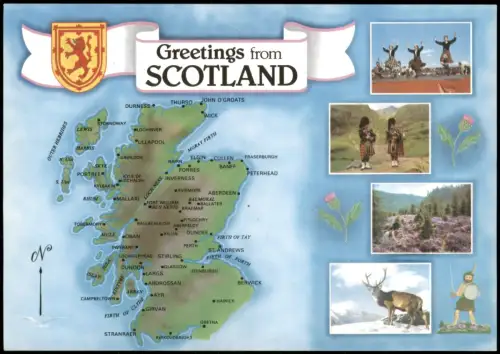 Postcard Schottland Landkarte von Schottland mit Highland-Motiven 1990