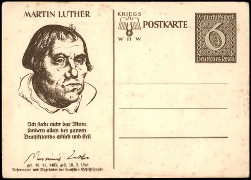 MARTIN LUTHER Winterhilfswerk 6 Pf. Postkarten Ganzsache WHW 1940