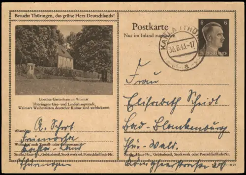 Weimar Goethes Gartenhaus Bildpostkarte Dt. Reich 6 Pf. Ganzsache 1943