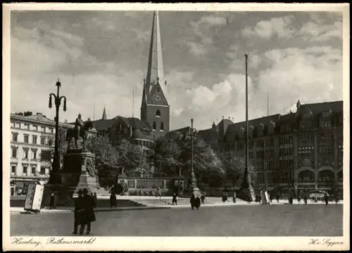 Ansichtskarte Altstadt-Hamburg Rathausmarkt, Denkmal, Kirche 1930