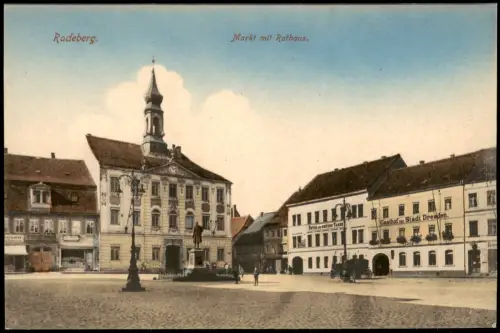 Ansichtskarte Radeberg Markt mit Rathaus. Gastghof 1908