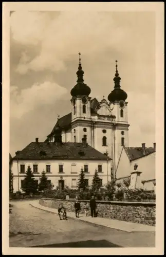 Bautsch Budišov nad Budišovkou Ortsansicht, Straßen Partie, Kirche 1955