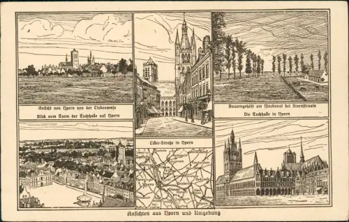 Ypern Ieper / Ypres Künstlerkarte Stadtansichten mit Landkarte 1917