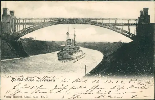 Ansichtskarte Suchsdorf-Kiel Levensauer Hochbrücke Kriegsschiff 1902
