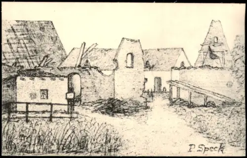 Künstlerkarte - Militär Kohlezeichnung zerstörte Stadt WK1 1916