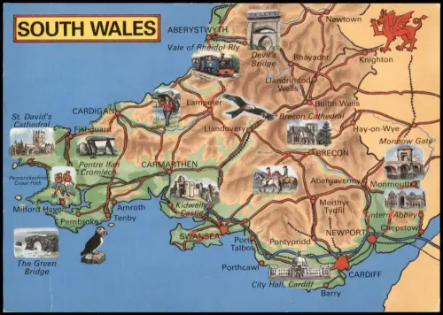 Postcard .Wales Illustrierte Landkarte von Süd-Wales 1980