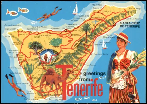 .Teneriffa Illustrierte Landkarte von Teneriffa mit Trachtenfigur 1980