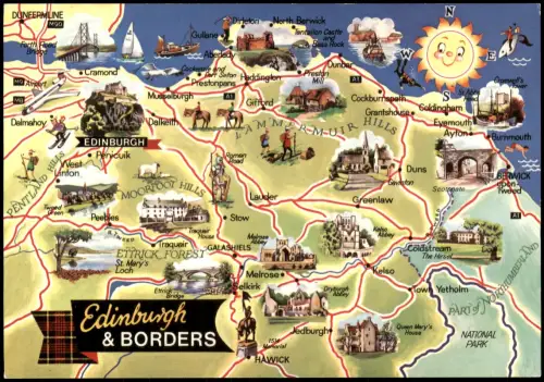 Edinburg Dùn Èideann Illustrierte Landkarte Edinburgh & Borders 1970