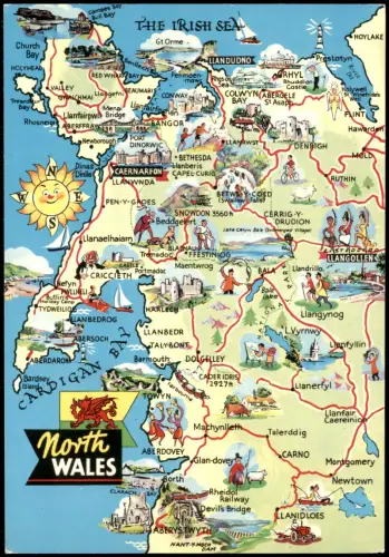 Postcard Caernarfon Illustrierte Landkarte von Nordwales 1970