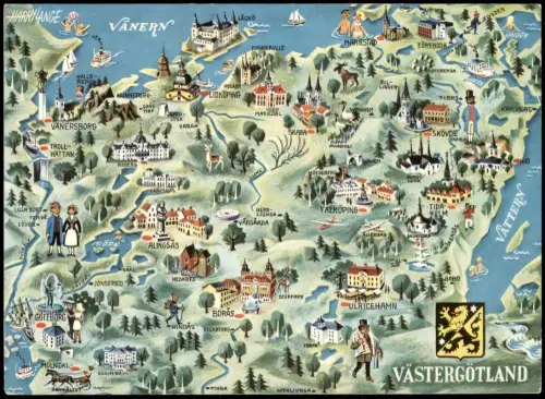 Postcard Lidköping Illustrierte Landkarte von Västergötland 1960