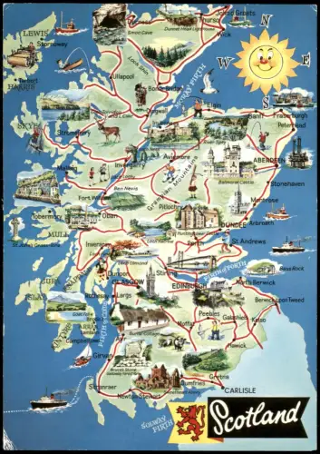 Postcard Oban Òban Illustrierte Landkarte von Schottland 1970