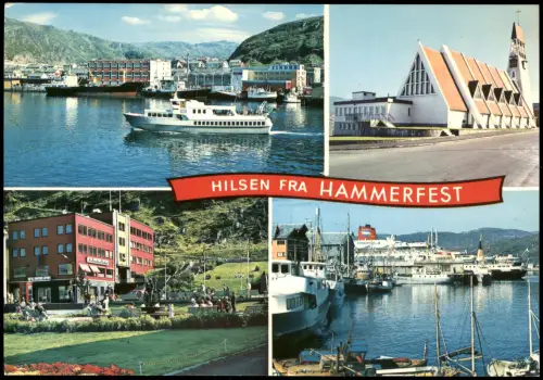 Postcard Hammerfest Mehrbildansicht mit Hafen und Kirche 1970