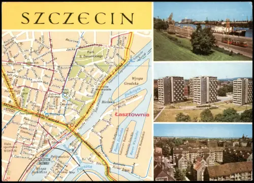 Postcard Stettin Szczecin Stadtplan, Hafen und Stadtansichten 1980