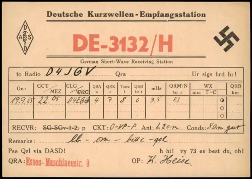 Ansichtskarte  QSL-Karte Kurzwellen-Empfangsstation DE-3132/H, Essen 1935