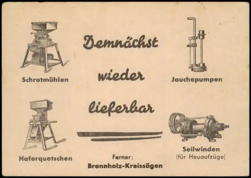 Wülfrath Werbekarte für Landmaschinen der Maschinenfabrik Wilhelm Ley 1946