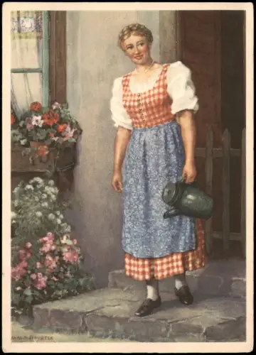Leipzig Werbepostkarte Indanthren-Haus Leipzig, Frau im Dirndl 1930