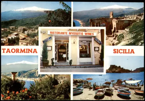Taormina Mehrbildansicht mit Ristorante Myosotis und Antikem Theater 1978