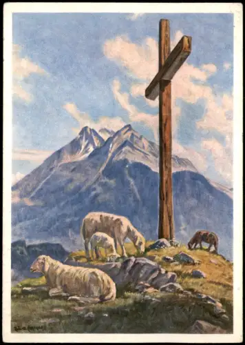 Ansichtskarte Evolène Gipfelkreuz mit Schafen vor den Les Veisivi 1940