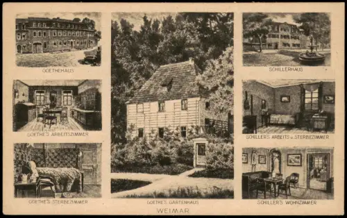 Weimar Mehrbildkarte mit 7 Ortsansichten u.a. Goethe Schiller Plätze 1910