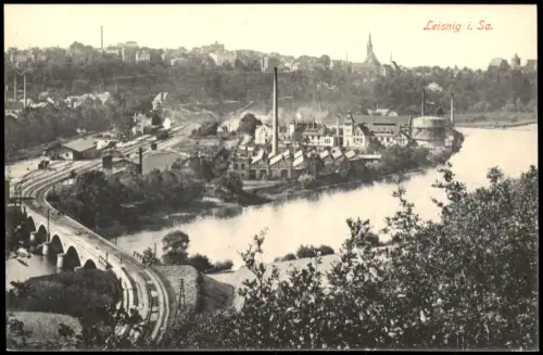 Ansichtskarte Leisnig Bahnhof, Brücke und Industrieanlagen 1915