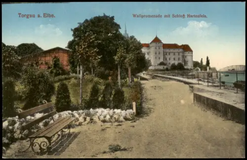 Ansichtskarte Torgau Wallpromenade mit Schloß Hartenfels. 1915