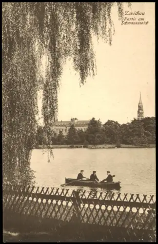Ansichtskarte Zwickau Partie am Schwanenteich Studenten beim rudern 1915