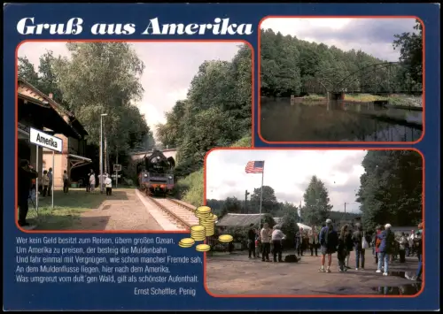 Amerika Penig (Mulde) Gruß aus  mit Muldentalbahn, Mulde und Biergarten 2000