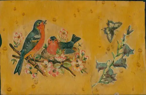 Ansichtskarte  Dünne Holzkarte Vögel Blumen Schmetterling 1917  Feldpost