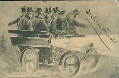 Männer betrunken im Auto Scherzkarte Künstlekarte Zylinder 1912