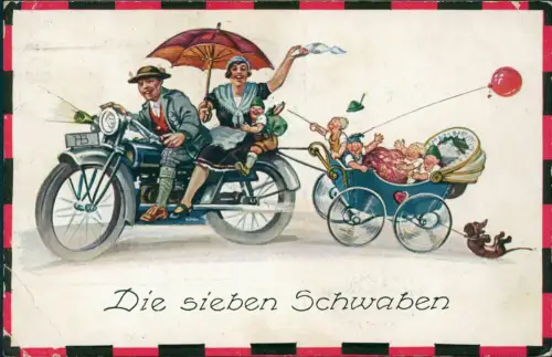 Die sieben Schwaben Scherzkarten Motorrad zeiht Kinderwagen 1928