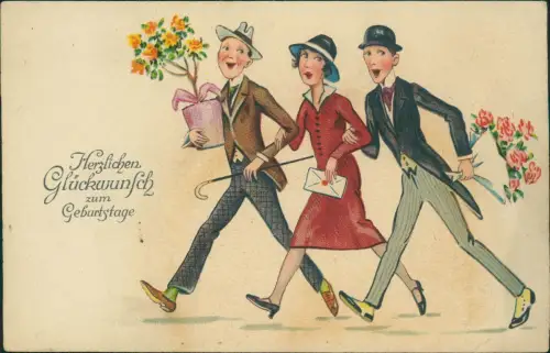 Geburtstag Birthday Frau zwischen zwei Männern Künstlerkarte 1927